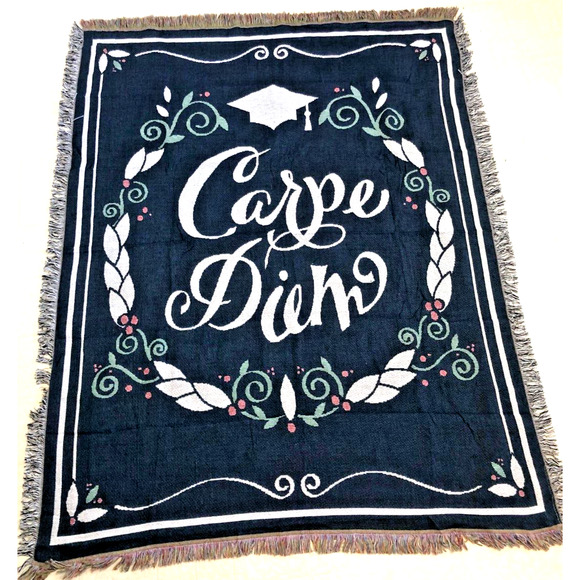 Unbranded Other - Carpe Diem Throw Blanket Grad Fringed Border Laurel Leaf Victory Blue 50 x 60